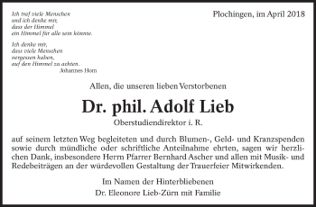 Traueranzeige von Adolf Lieb von Eßlinger Zeitung/Cannstatter Zeitung