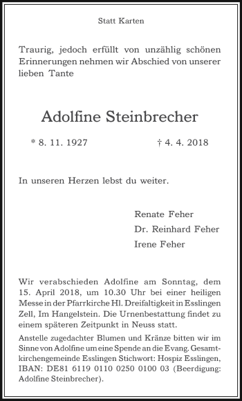 Traueranzeige von Adolfine Steinbrecher von Eßlinger Zeitung/Cannstatter Zeitung