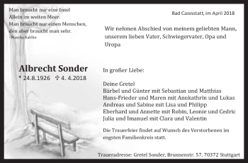 Traueranzeige von Albrecht Sonder von Eßlinger Zeitung/Cannstatter Zeitung