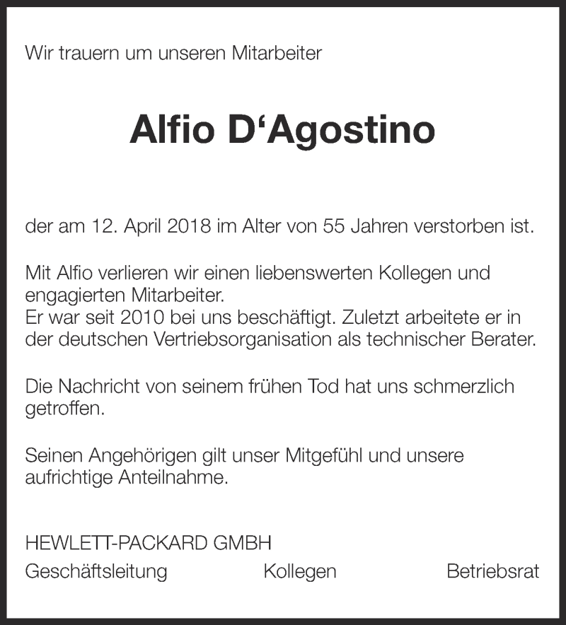  Traueranzeige für Alfio D´Agostino vom 18.04.2018 aus Eßlinger Zeitung/Cannstatter Zeitung