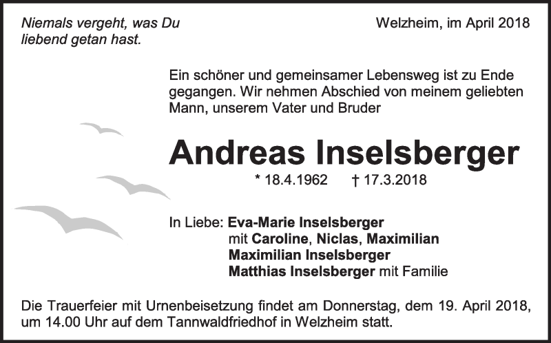  Traueranzeige für Andreas Inselsberger vom 14.04.2018 aus Eßlinger Zeitung/Cannstatter Zeitung