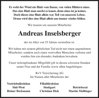 Traueranzeige von Andreas Inselsberger von Eßlinger Zeitung/Cannstatter Zeitung