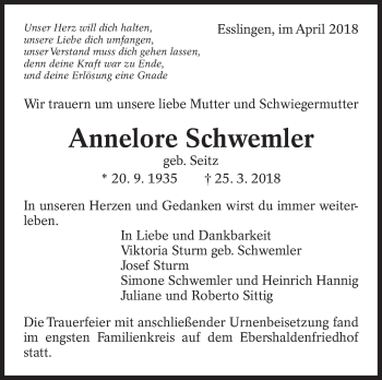 Traueranzeige von Annelore Schwemler von Eßlinger Zeitung/Cannstatter Zeitung