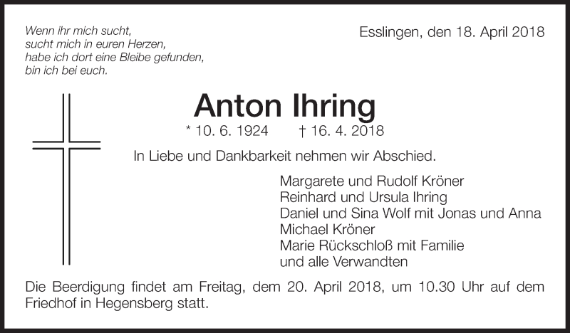  Traueranzeige für Anton Ihring vom 18.04.2018 aus Eßlinger Zeitung/Cannstatter Zeitung