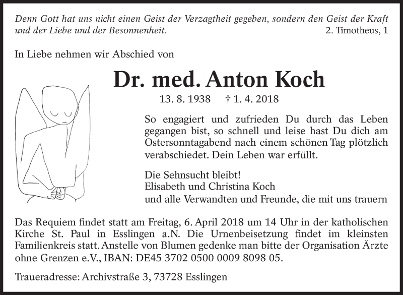  Traueranzeige für Anton Koch vom 04.04.2018 aus Eßlinger Zeitung/Cannstatter Zeitung