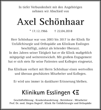 Traueranzeige von Axel Schönhaar von Eßlinger Zeitung/Cannstatter Zeitung