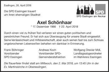 Traueranzeige von Axel Schönhaar von Eßlinger Zeitung/Cannstatter Zeitung