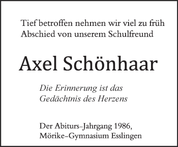 Traueranzeige von Axel Schönhaar von Eßlinger Zeitung/Cannstatter Zeitung