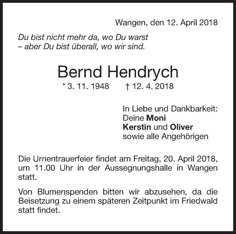  Traueranzeige für Bernd Hendrych vom 18.04.2018 aus Eßlinger Zeitung/Cannstatter Zeitung