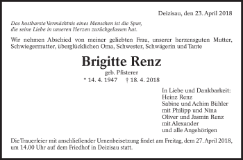 Traueranzeige von Brigitte Renz von Eßlinger Zeitung/Cannstatter Zeitung