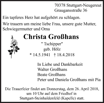 Traueranzeige von Christa Großhans von Eßlinger Zeitung/Cannstatter Zeitung