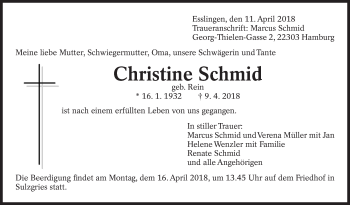 Traueranzeige von Christine Schmid von Eßlinger Zeitung/Cannstatter Zeitung