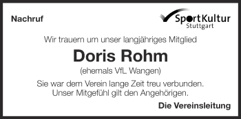 Traueranzeige von Doris Rohm von Eßlinger Zeitung/Cannstatter Zeitung