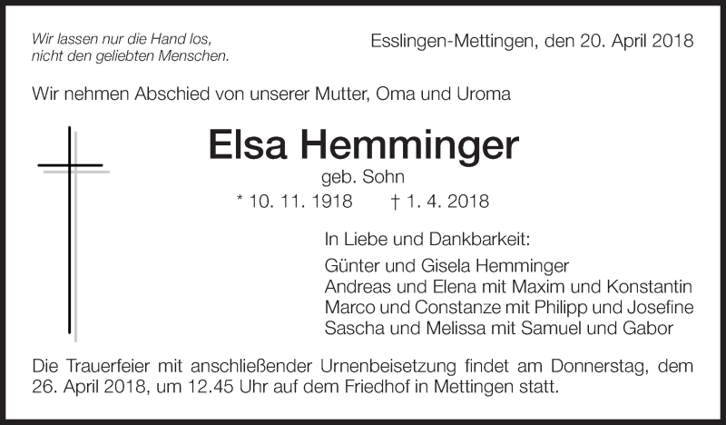  Traueranzeige für Elsa Hemminger vom 20.04.2018 aus Eßlinger Zeitung/Cannstatter Zeitung