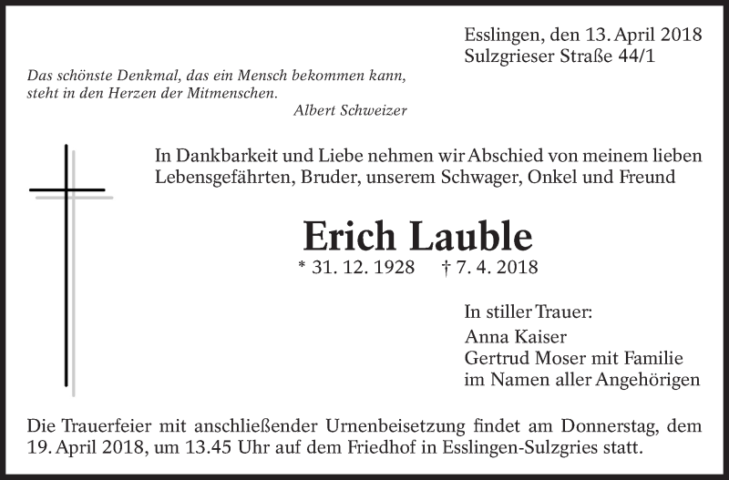  Traueranzeige für Erich Lauble vom 13.04.2018 aus Eßlinger Zeitung/Cannstatter Zeitung