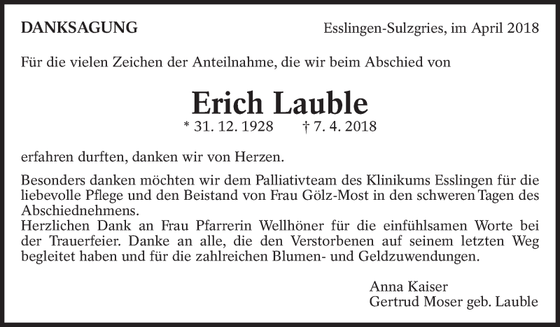 Traueranzeige für Erich Lauble vom 25.04.2018 aus Eßlinger Zeitung/Cannstatter Zeitung