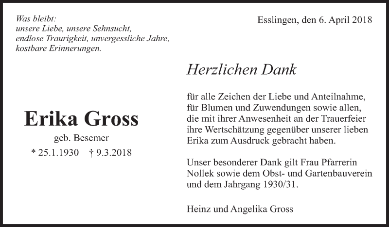  Traueranzeige für Erika Gross vom 06.04.2018 aus Eßlinger Zeitung/Cannstatter Zeitung