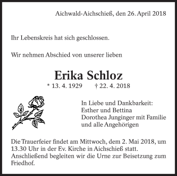 Traueranzeige von Erika Schloz von Eßlinger Zeitung/Cannstatter Zeitung