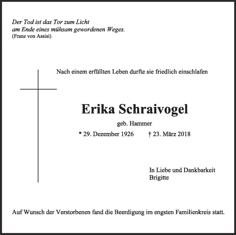  Traueranzeige für Erika Schraivogel vom 07.04.2018 aus Eßlinger Zeitung/Cannstatter Zeitung