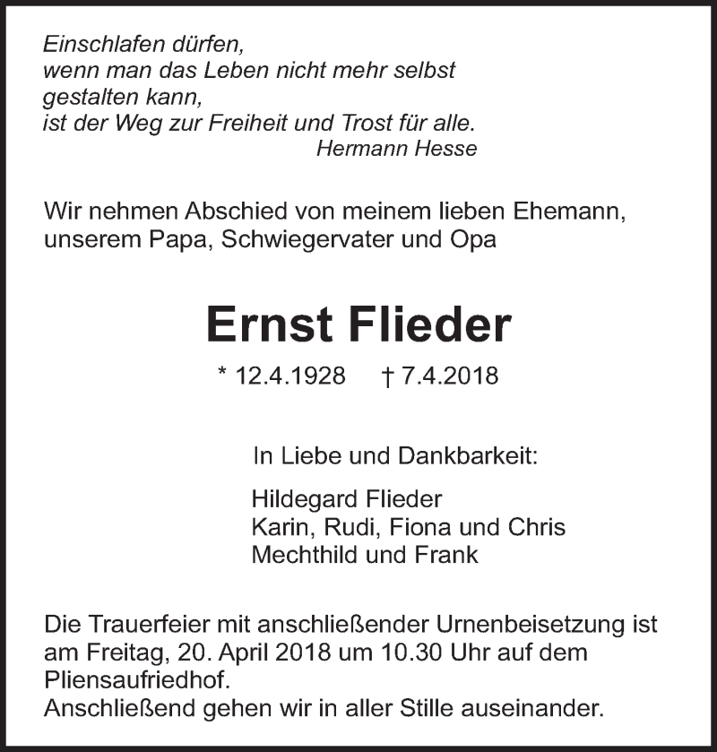  Traueranzeige für Ernst Flieder vom 14.04.2018 aus Eßlinger Zeitung/Cannstatter Zeitung