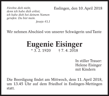 Traueranzeige von Eugenie Eisinger von Eßlinger Zeitung/Cannstatter Zeitung