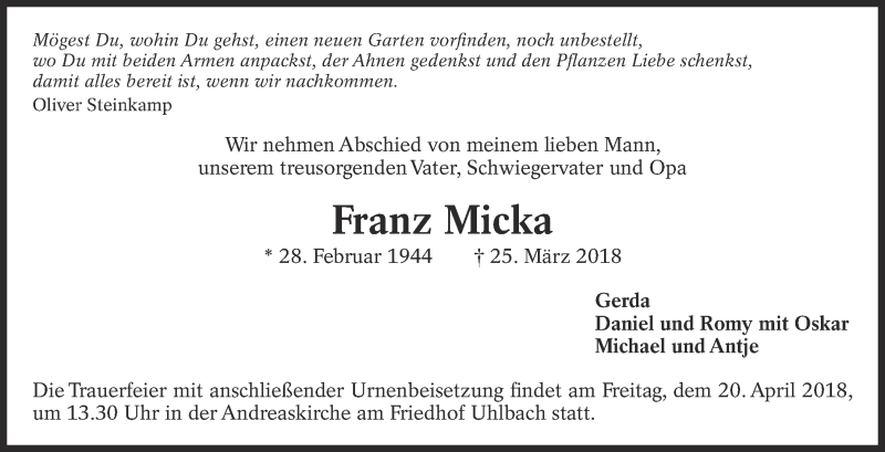  Traueranzeige für Franz Micka vom 07.04.2018 aus Eßlinger Zeitung/Cannstatter Zeitung