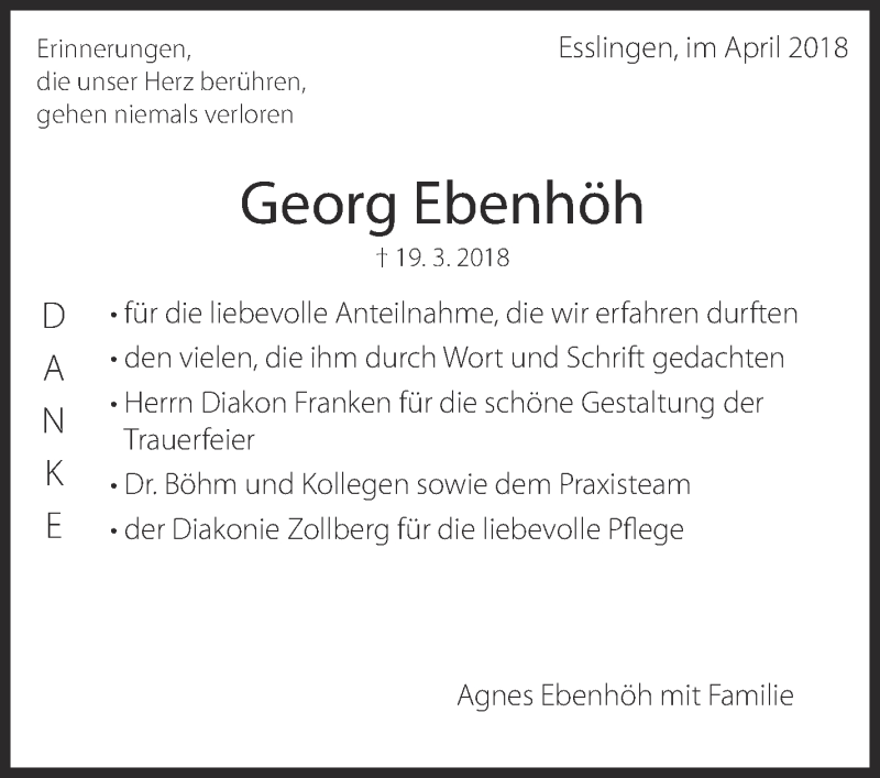  Traueranzeige für Georg Ebenhöh vom 13.04.2018 aus Eßlinger Zeitung/Cannstatter Zeitung