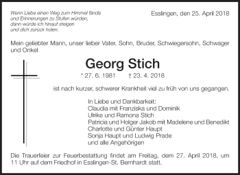 Traueranzeige von Georg Stich von Eßlinger Zeitung/Cannstatter Zeitung