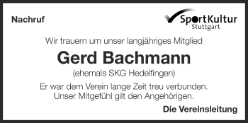 Traueranzeige von Gerd Bachmann von Eßlinger Zeitung/Cannstatter Zeitung