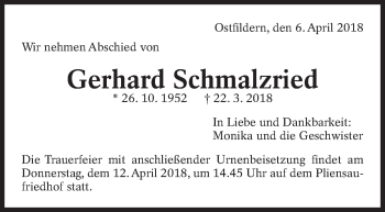 Traueranzeige von Gerhard Schmalzried von Eßlinger Zeitung/Cannstatter Zeitung