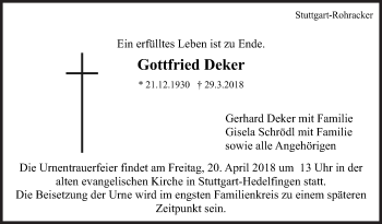 Traueranzeige von Gottfried Deker von Eßlinger Zeitung/Cannstatter Zeitung