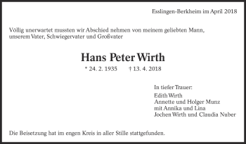 Traueranzeige von Hans Peter Wirth von Eßlinger Zeitung/Cannstatter Zeitung