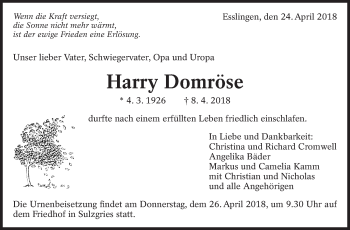Traueranzeige von Harry Domröse von Eßlinger Zeitung/Cannstatter Zeitung