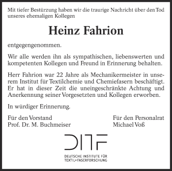 Traueranzeige von Heinz Fahrion von Eßlinger Zeitung/Cannstatter Zeitung