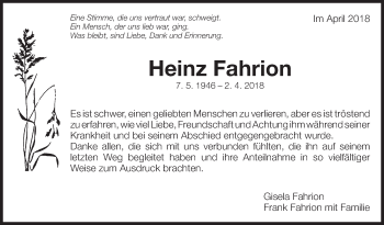 Traueranzeige von Heinz Fahrion von Eßlinger Zeitung/Cannstatter Zeitung