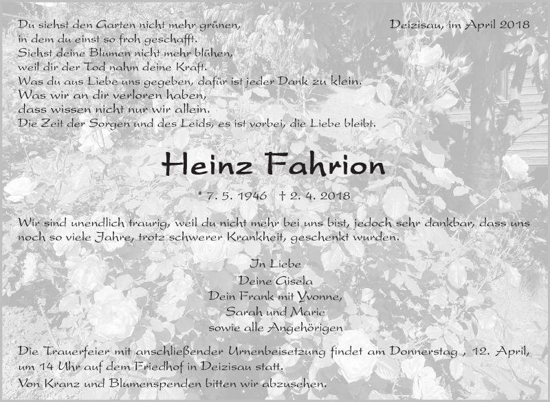  Traueranzeige für Heinz Fahrion vom 06.04.2018 aus Eßlinger Zeitung/Cannstatter Zeitung