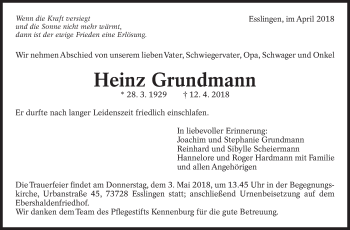 Traueranzeige von Heinz Grundmann von Eßlinger Zeitung/Cannstatter Zeitung