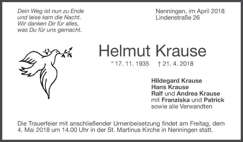  Traueranzeige für Helmut Krause vom 27.04.2018 aus Eßlinger Zeitung/Cannstatter Zeitung