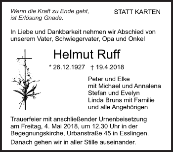 Traueranzeige von Helmut Ruff von Eßlinger Zeitung/Cannstatter Zeitung