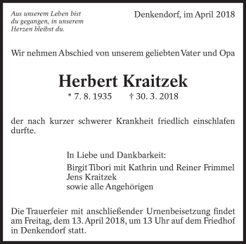 Traueranzeige von Herbert Kraitzek von Eßlinger Zeitung/Cannstatter Zeitung