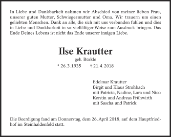 Traueranzeige von Ilse Krautter von Eßlinger Zeitung/Cannstatter Zeitung