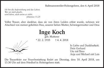 Traueranzeige von Inge Koch von Eßlinger Zeitung/Cannstatter Zeitung