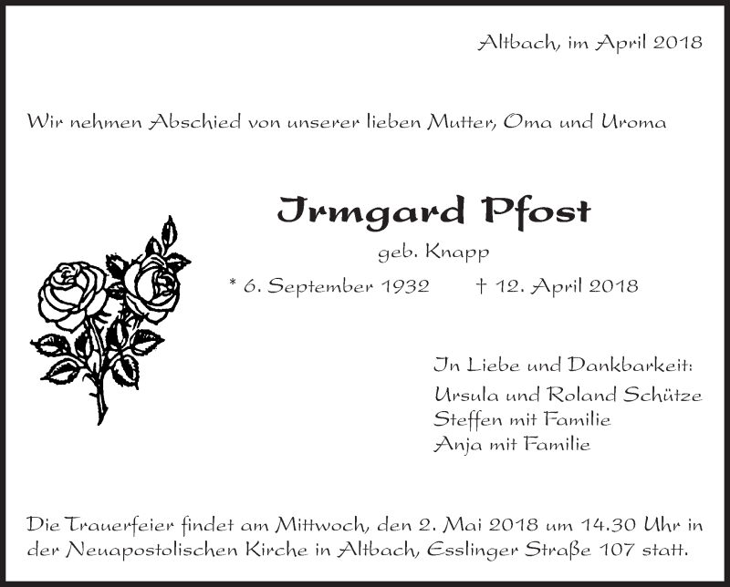  Traueranzeige für Irmgard Pfost vom 28.04.2018 aus Eßlinger Zeitung/Cannstatter Zeitung