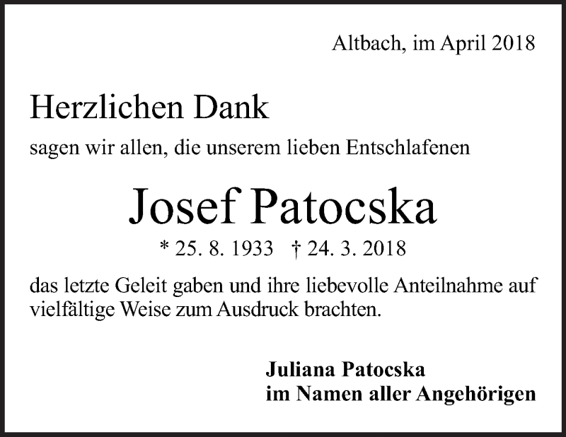  Traueranzeige für Josef Patocska vom 03.04.2018 aus Eßlinger Zeitung/Cannstatter Zeitung