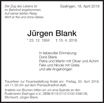 Traueranzeige von Jürgen Blank von Eßlinger Zeitung/Cannstatter Zeitung