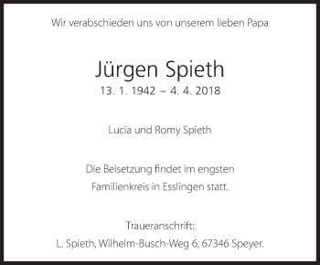 Traueranzeige von Jürgen Spieth von Eßlinger Zeitung/Cannstatter Zeitung