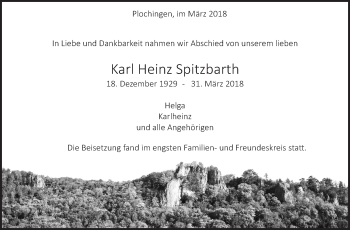 Traueranzeige von Karl Heinz Spitzbarth von Eßlinger Zeitung/Cannstatter Zeitung