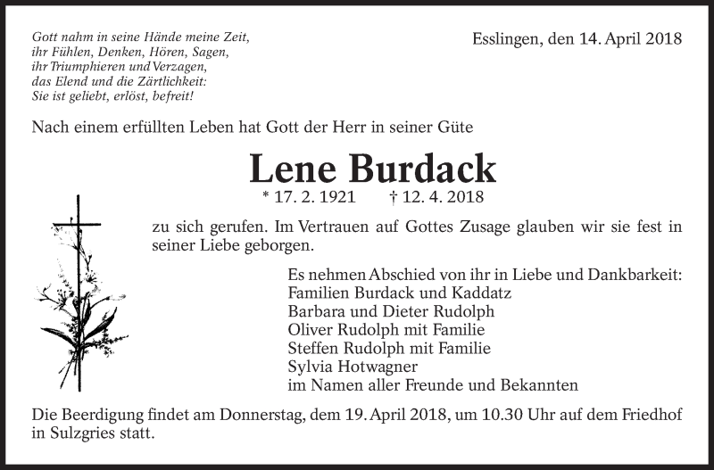  Traueranzeige für Lene Burdack vom 14.04.2018 aus Eßlinger Zeitung/Cannstatter Zeitung