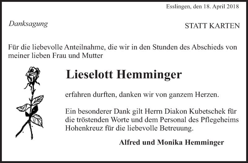 Traueranzeige für Lieselott Hemminger vom 18.04.2018 aus Eßlinger Zeitung/Cannstatter Zeitung