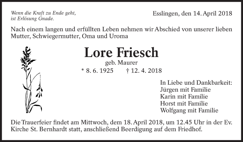  Traueranzeige für Lore Friesch vom 14.04.2018 aus Eßlinger Zeitung/Cannstatter Zeitung